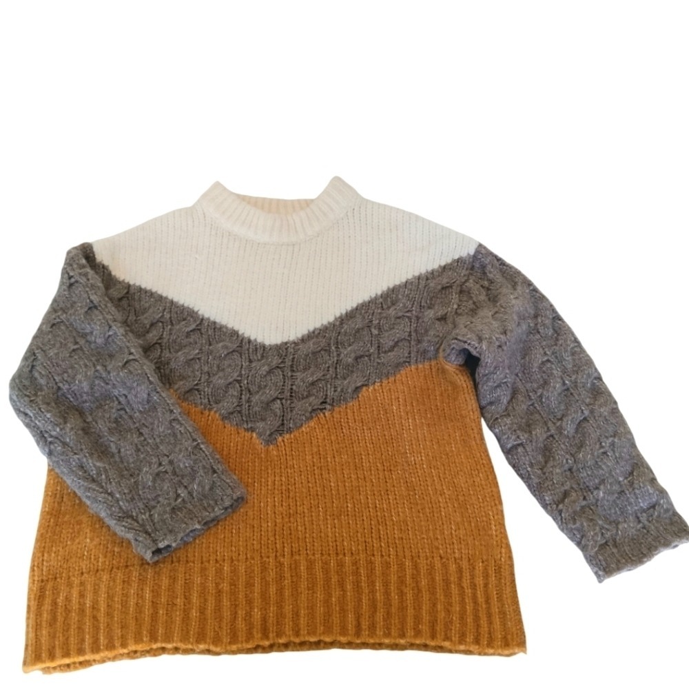 Zara Colorblock Sweater Womens Small Mustard Gray Cream Cable Knit Chevron